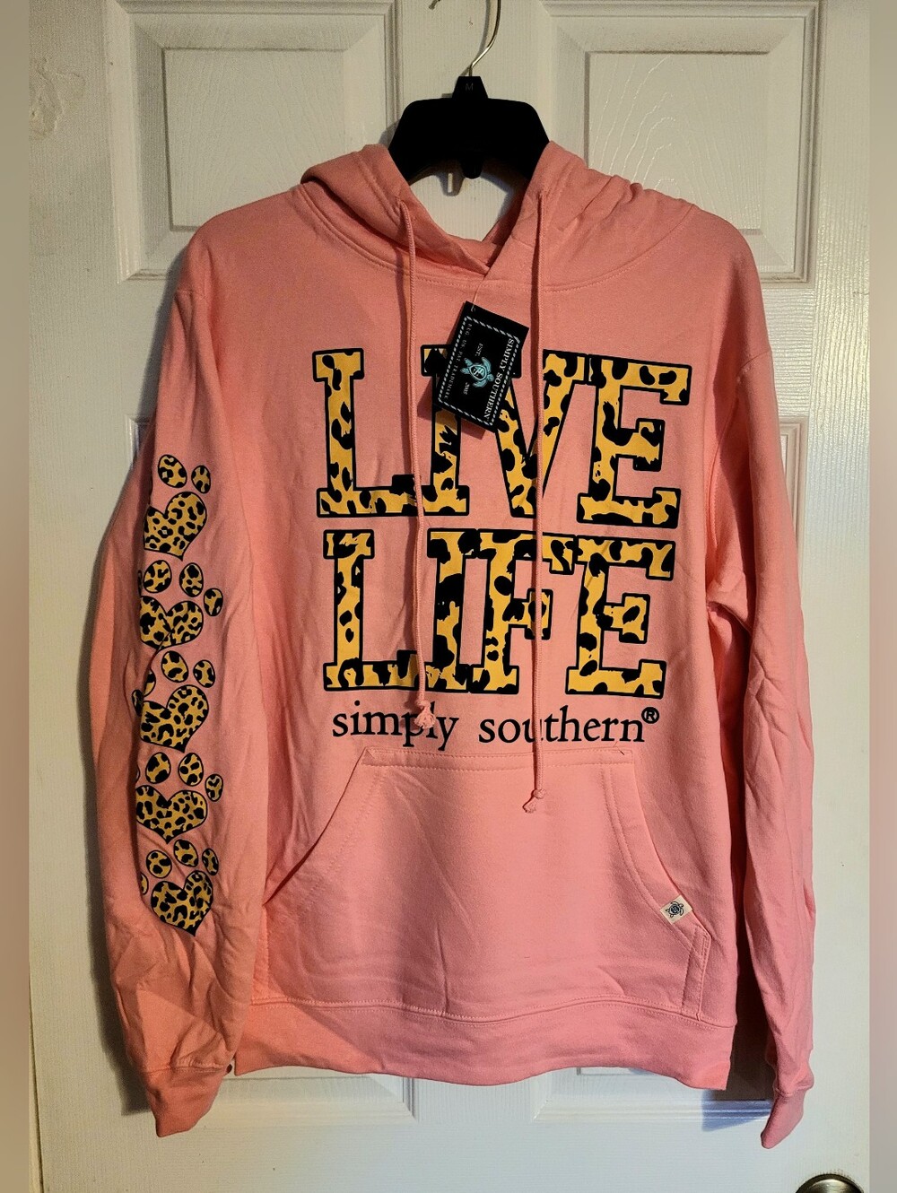 Simply Southern Coral "Live Life" Leopard-Print Hoodie